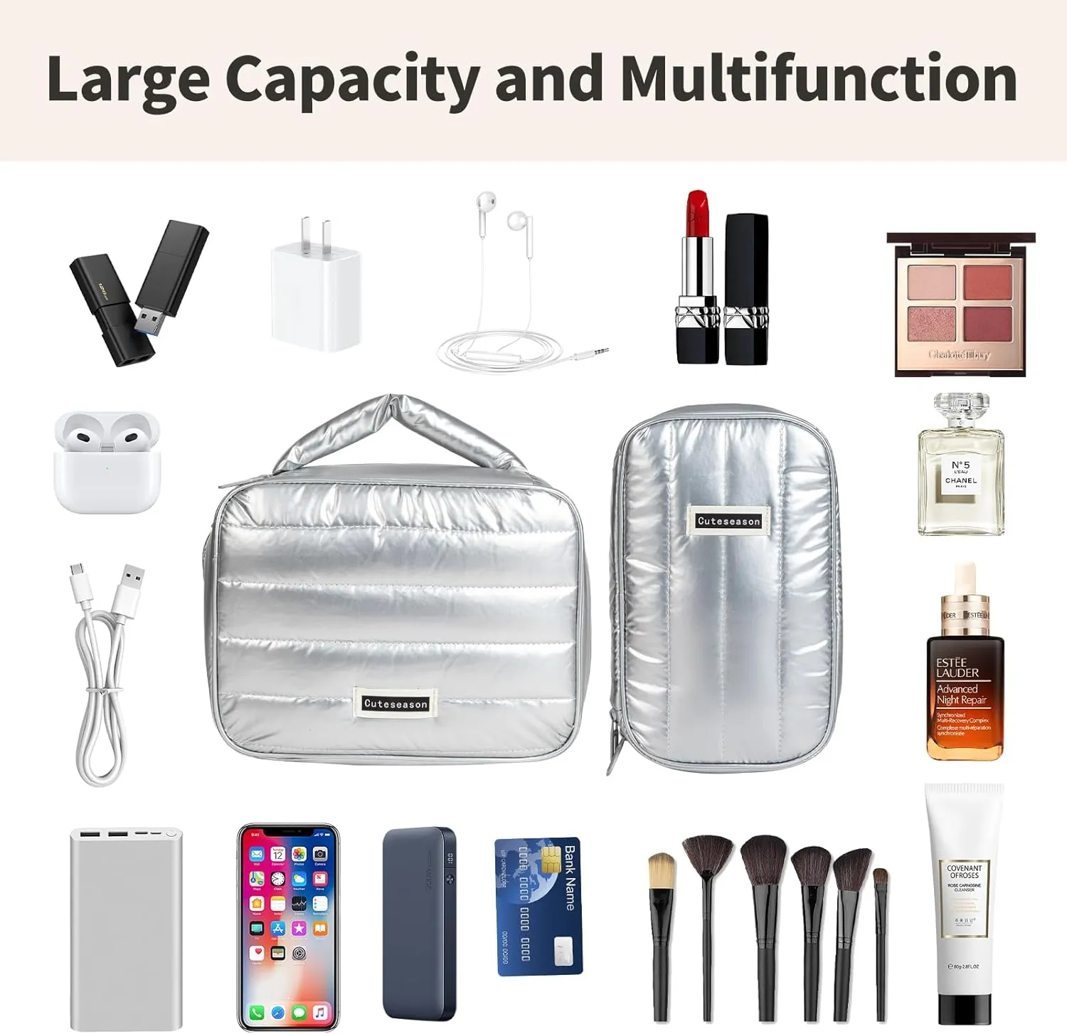Shiny Puffy Makeup Bag Large Capacity Travel Water-proof Toiletry Bag Drop-proof Digital Product Organizer (Purple, L and M)