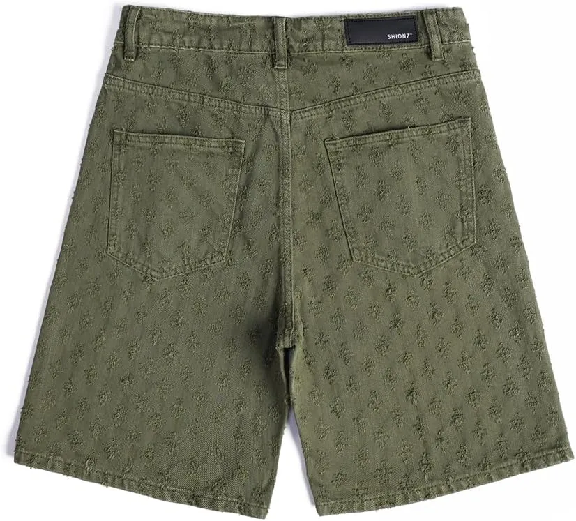 SHION7 Men's Denim Shorts, Relaxed Fit Knee Length Short Pants for Men, Ripped Baggy Half Pant, Streetwear Oversized Shorts