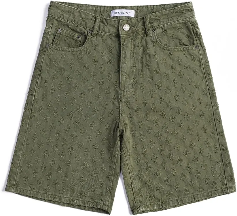 SHION7 Men's Denim Shorts, Relaxed Fit Knee Length Short Pants for Men, Ripped Baggy Half Pant, Streetwear Oversized Shorts