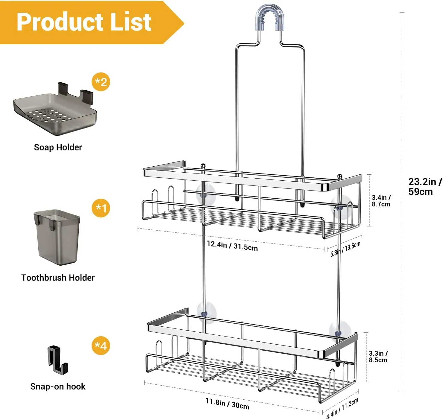 Shower Caddy Hanging Bathroom Organizer: Rustproof Shelf for Inside Shower - No Drilling Racks Over Showerhead - Shampoo Soap Chrome