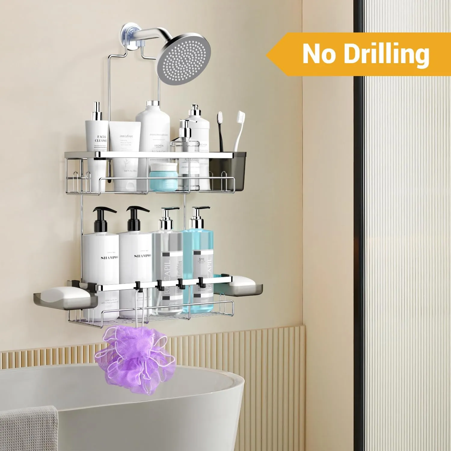Shower Caddy Hanging Bathroom Organizer: Rustproof Shelf for Inside Shower - No Drilling Racks Over Showerhead - Shampoo Soap Chrome