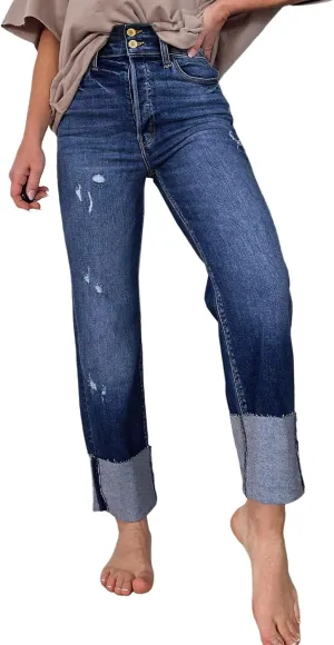Sidefeel Women's High Waisted Tummy Control Jeans Cuffed Boyfriend Straight Leg Two Buttons Ripped Denim Pants
