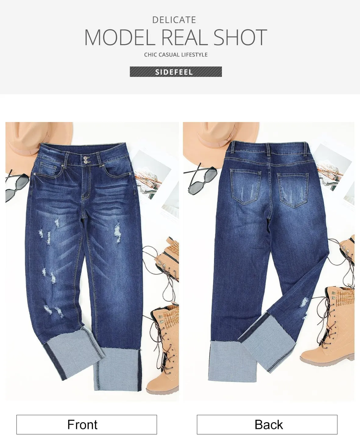 Sidefeel Women's High Waisted Tummy Control Jeans Cuffed Boyfriend Straight Leg Two Buttons Ripped Denim Pants