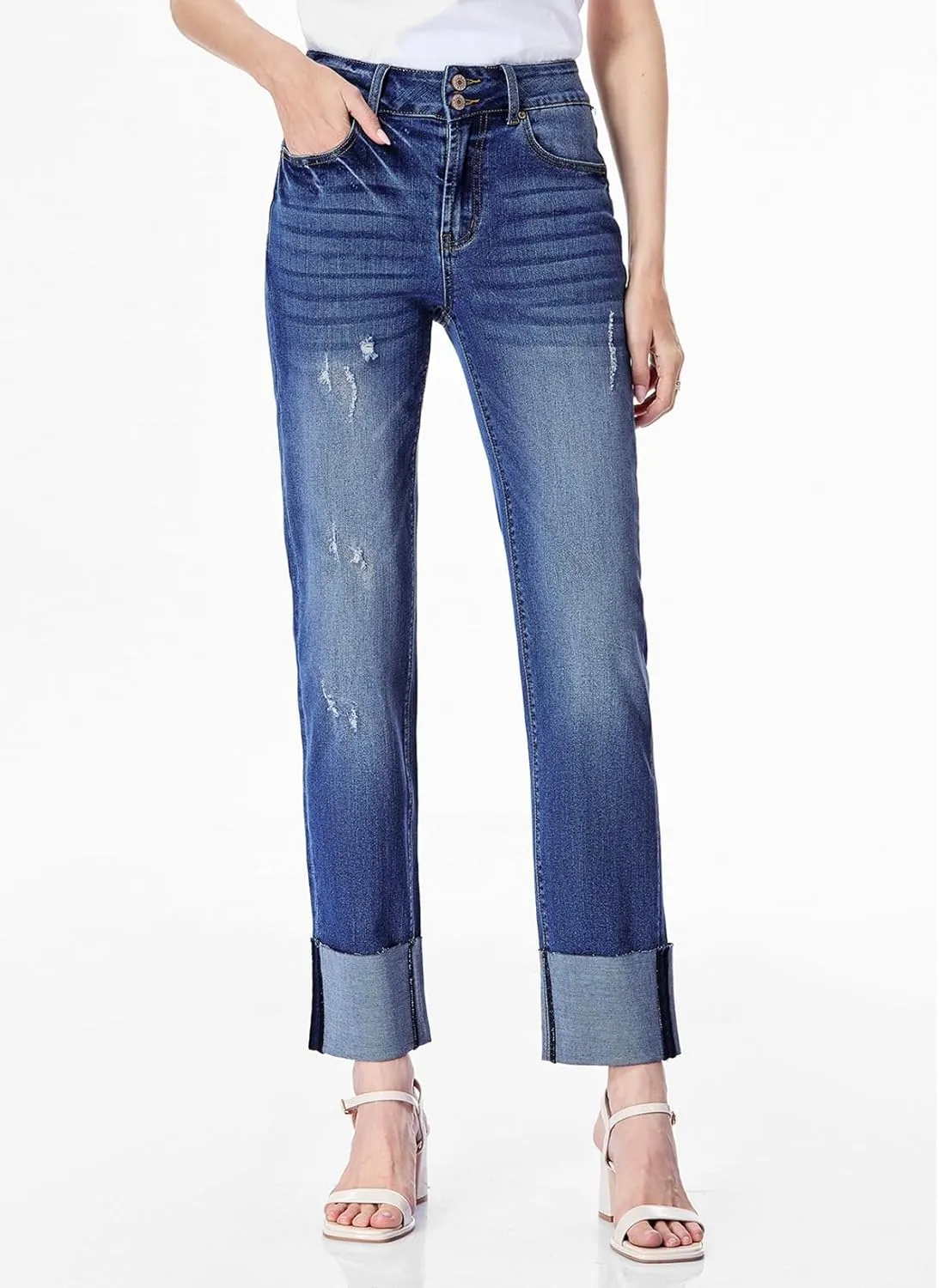 Sidefeel Women's High Waisted Tummy Control Jeans Cuffed Boyfriend Straight Leg Two Buttons Ripped Denim Pants