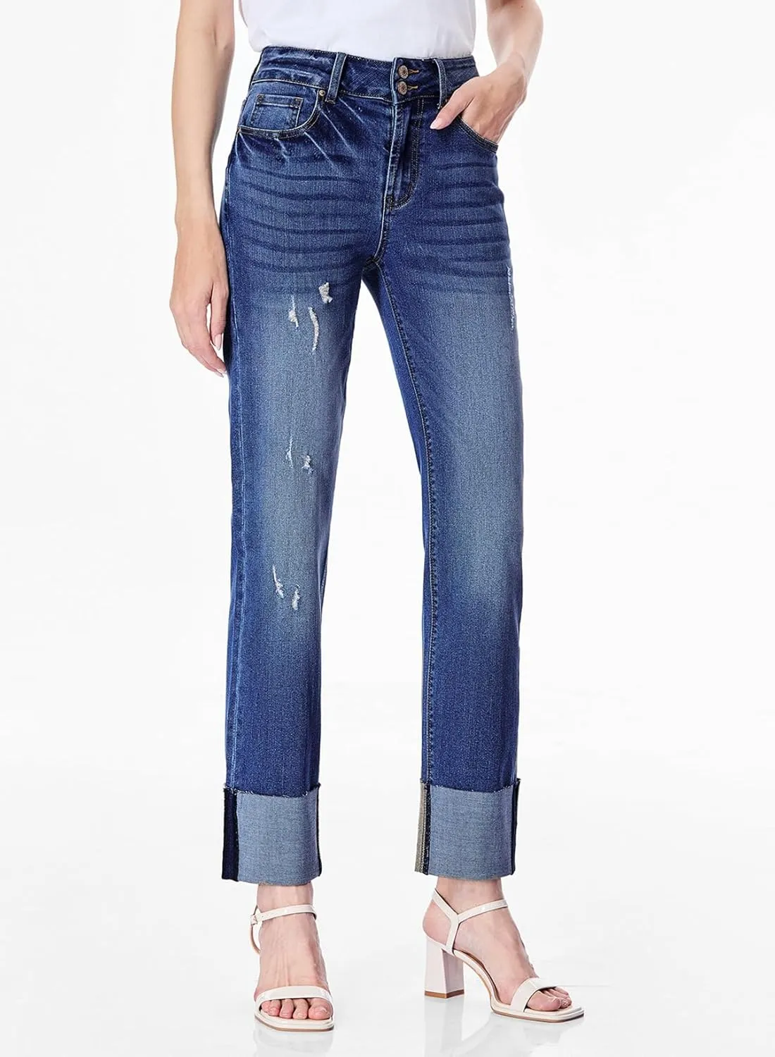 Sidefeel Women's High Waisted Tummy Control Jeans Cuffed Boyfriend Straight Leg Two Buttons Ripped Denim Pants