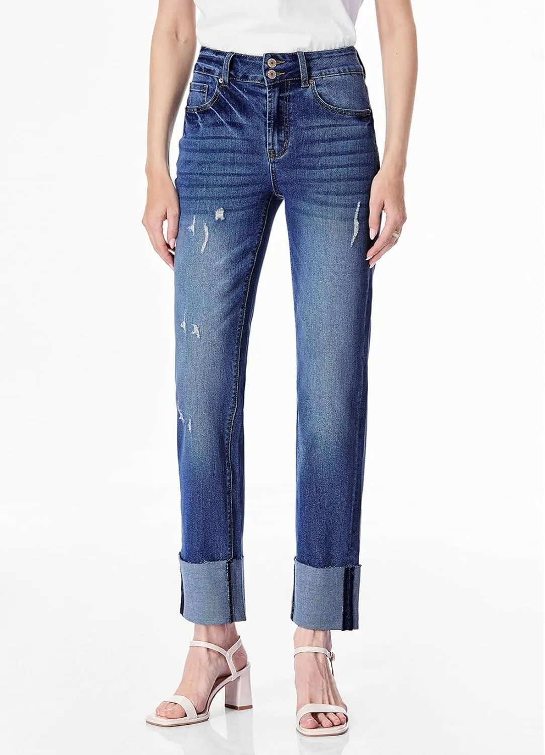 Sidefeel Women's High Waisted Tummy Control Jeans Cuffed Boyfriend Straight Leg Two Buttons Ripped Denim Pants
