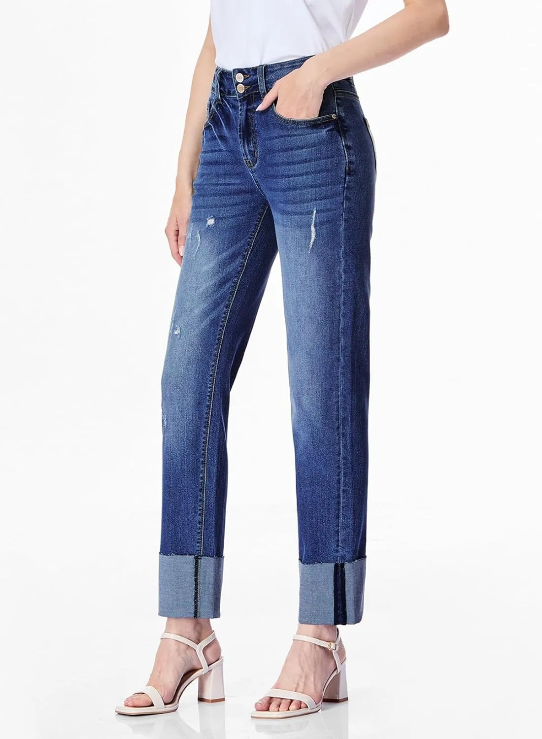 Sidefeel Women's High Waisted Tummy Control Jeans Cuffed Boyfriend Straight Leg Two Buttons Ripped Denim Pants