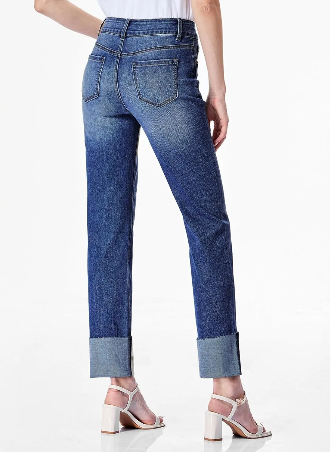 Sidefeel Women's High Waisted Tummy Control Jeans Cuffed Boyfriend Straight Leg Two Buttons Ripped Denim Pants