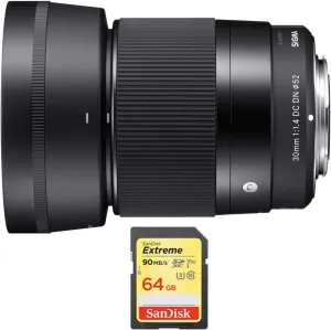 Sigma 30mm F1.4 DC DN Lens for Sony E Mount Bundle with Sandisk 64GB Extreme SDXC Memory UHS-I Card