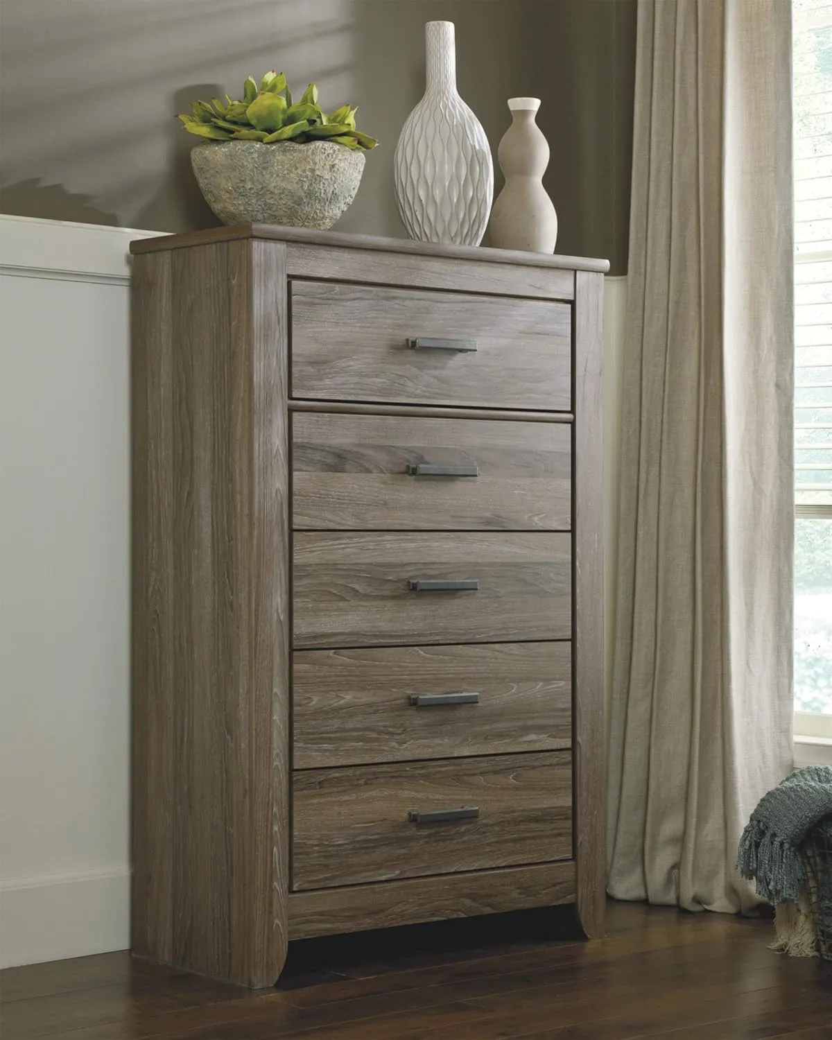 Signature Design by Ashley Zelen Rustic Contemporary 5 Drawer Chest of Drawers, Warm Gray