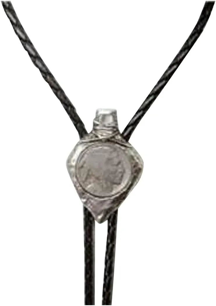 Silver Faux Leather Arrowhead Buffalo Head Nickel Bolo Tie OS