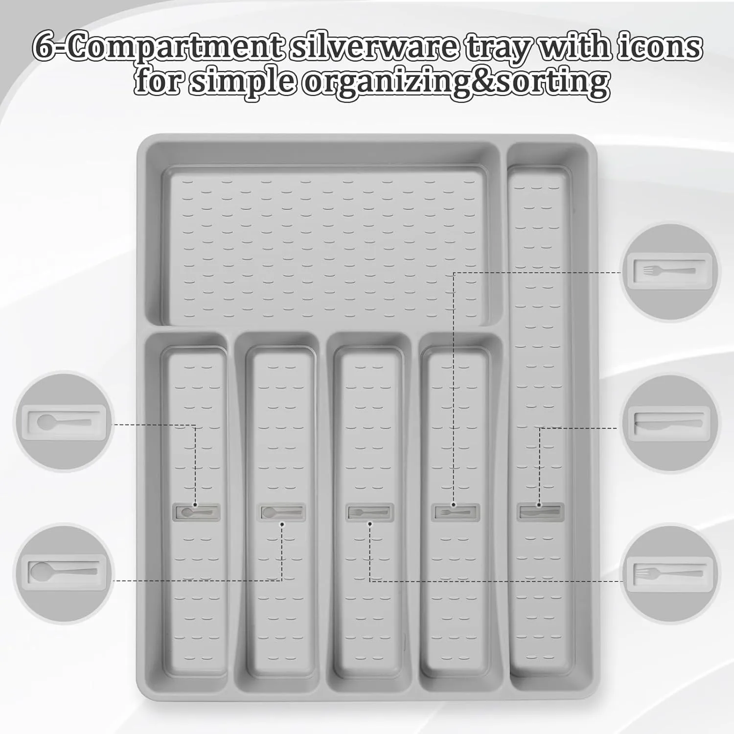 Silverware Organizer with Cutlery Icons，Silverware Tray for Kitchen Drawer，Plastic Flatware Tableware Cultery Drawer Organizer Utensil Organizer with Non-slip TPR Linings，6-Compartment，Grey