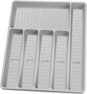 Silverware Organizer with Cutlery Icons，Silverware Tray for Kitchen Drawer，Plastic Flatware Tableware Cultery Drawer Organizer Utensil Organizer with Non-slip TPR Linings，6-Compartment，Grey