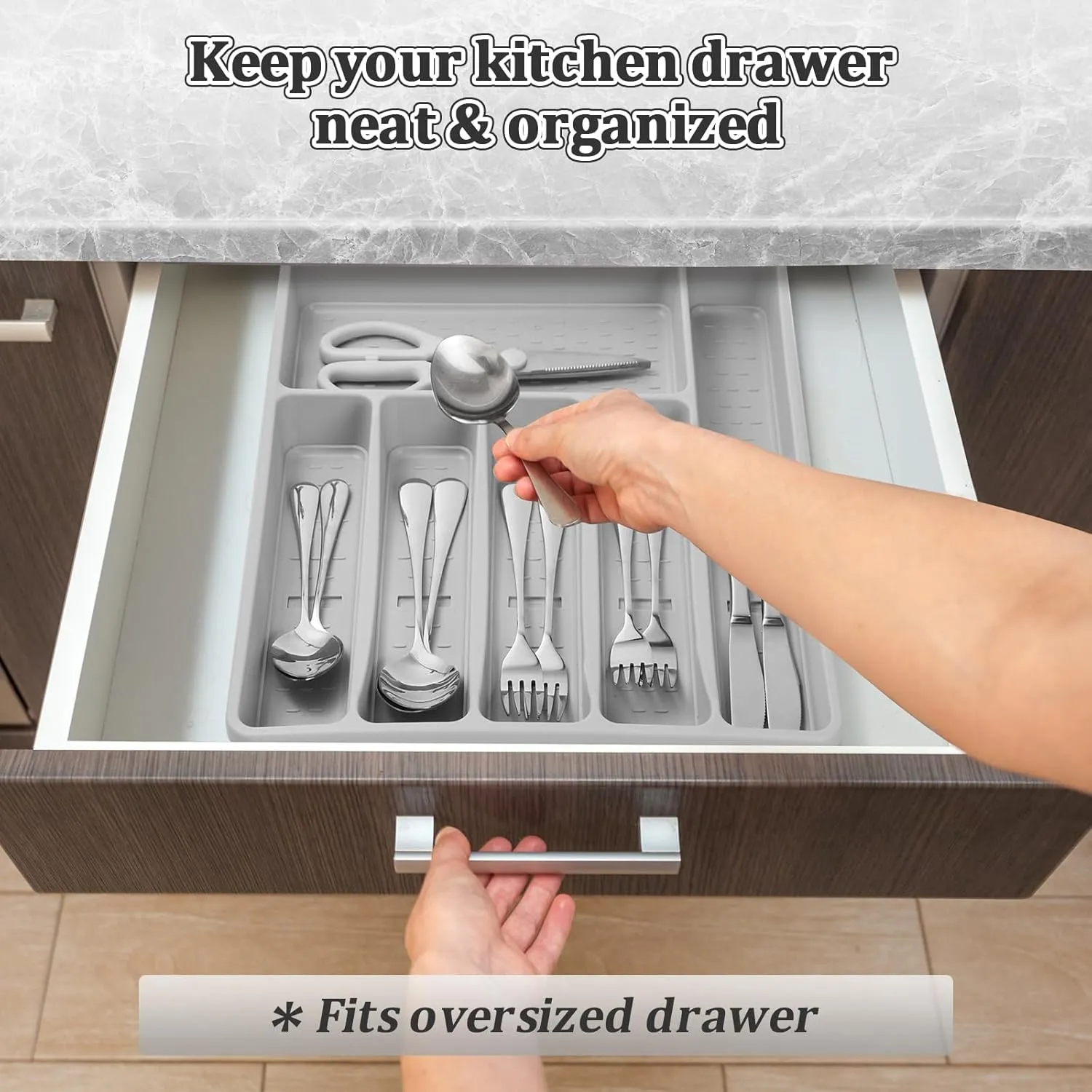 Silverware Organizer with Cutlery Icons，Silverware Tray for Kitchen Drawer，Plastic Flatware Tableware Cultery Drawer Organizer Utensil Organizer with Non-slip TPR Linings，6-Compartment，Grey