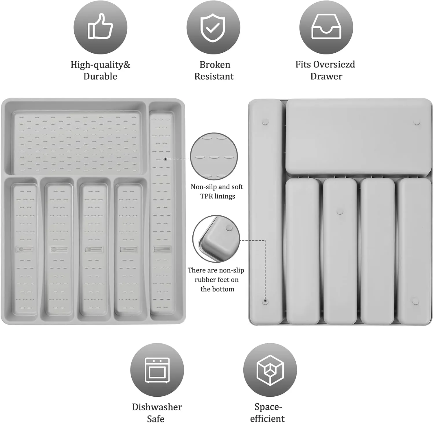 Silverware Organizer with Cutlery Icons，Silverware Tray for Kitchen Drawer，Plastic Flatware Tableware Cultery Drawer Organizer Utensil Organizer with Non-slip TPR Linings，6-Compartment，Grey