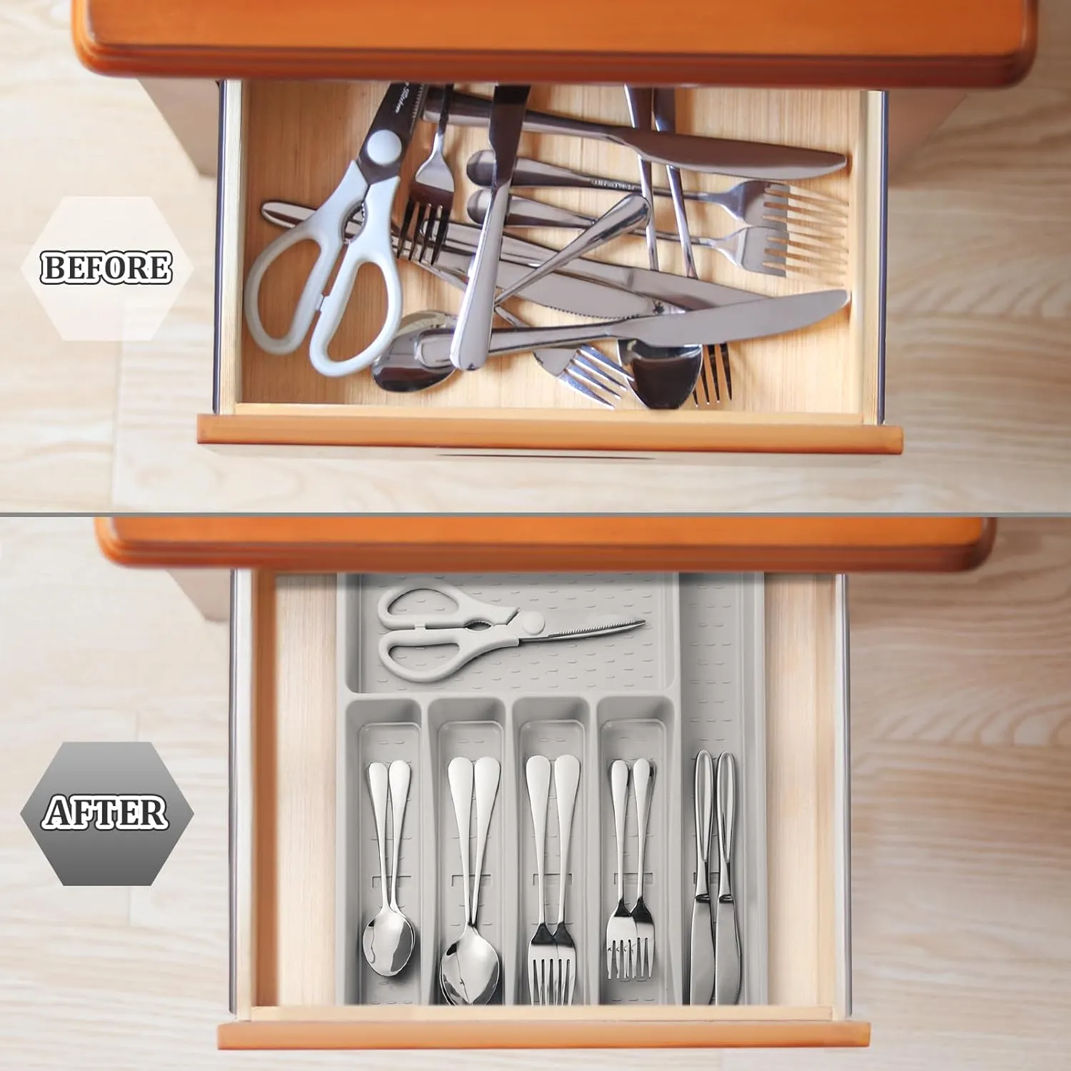 Silverware Organizer with Cutlery Icons，Silverware Tray for Kitchen Drawer，Plastic Flatware Tableware Cultery Drawer Organizer Utensil Organizer with Non-slip TPR Linings，6-Compartment，Grey