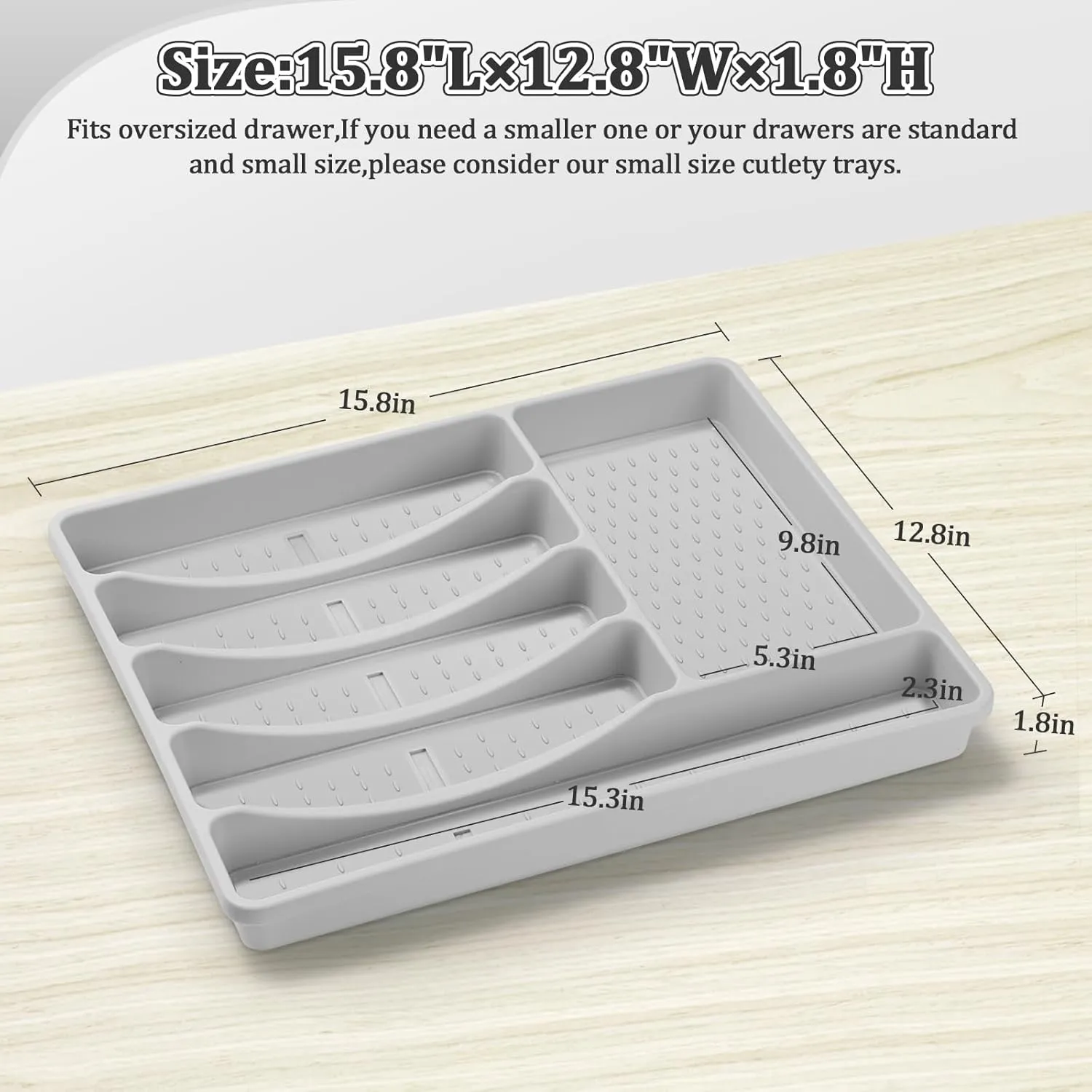Silverware Organizer with Cutlery Icons，Silverware Tray for Kitchen Drawer，Plastic Flatware Tableware Cultery Drawer Organizer Utensil Organizer with Non-slip TPR Linings，6-Compartment，Grey