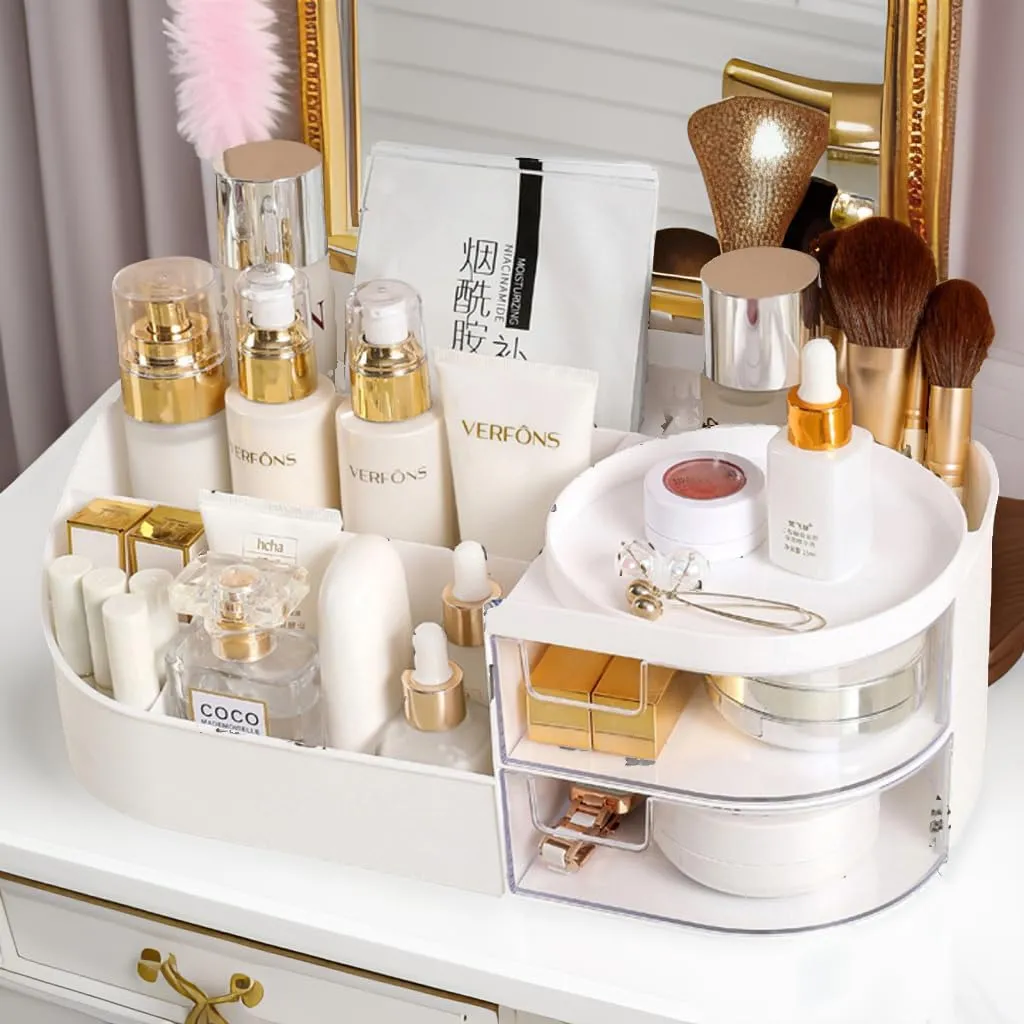 skin care organizer,Makeup Desk Organizer With Drawers,Countertop Organizer for Cosmetics,Vanity brush with Holder for Lipstick, Brushes, Eyeshadow, and Desktop Finishing Dresser (D-White)