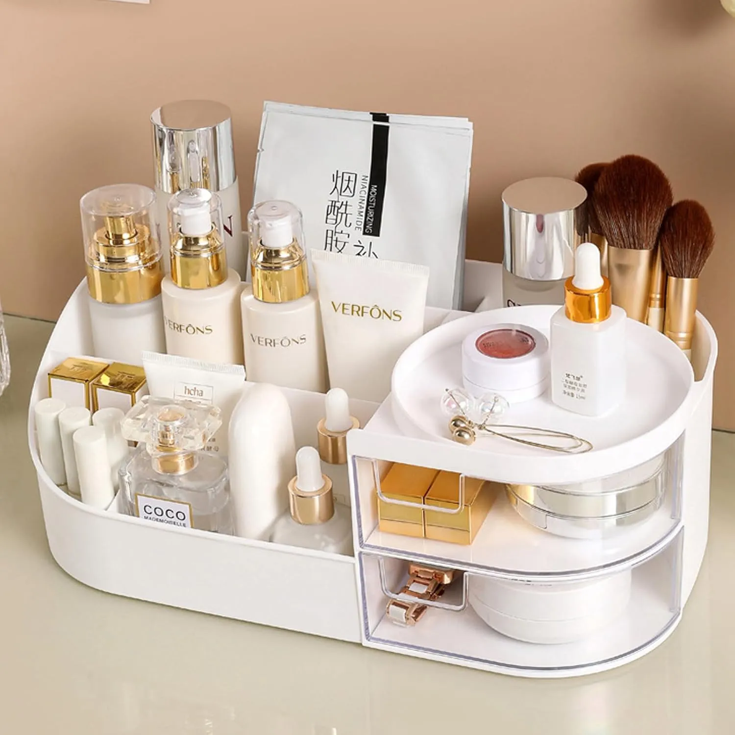 skin care organizer,Makeup Desk Organizer With Drawers,Countertop Organizer for Cosmetics,Vanity brush with Holder for Lipstick, Brushes, Eyeshadow, and Desktop Finishing Dresser (D-White)