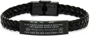 Skincare Specialist Braided Leather Bracelet, If at first you don't succeed, try doing what your athletic trainer told you to do the first time., Laser Engraved, Stainless Steel Wristband