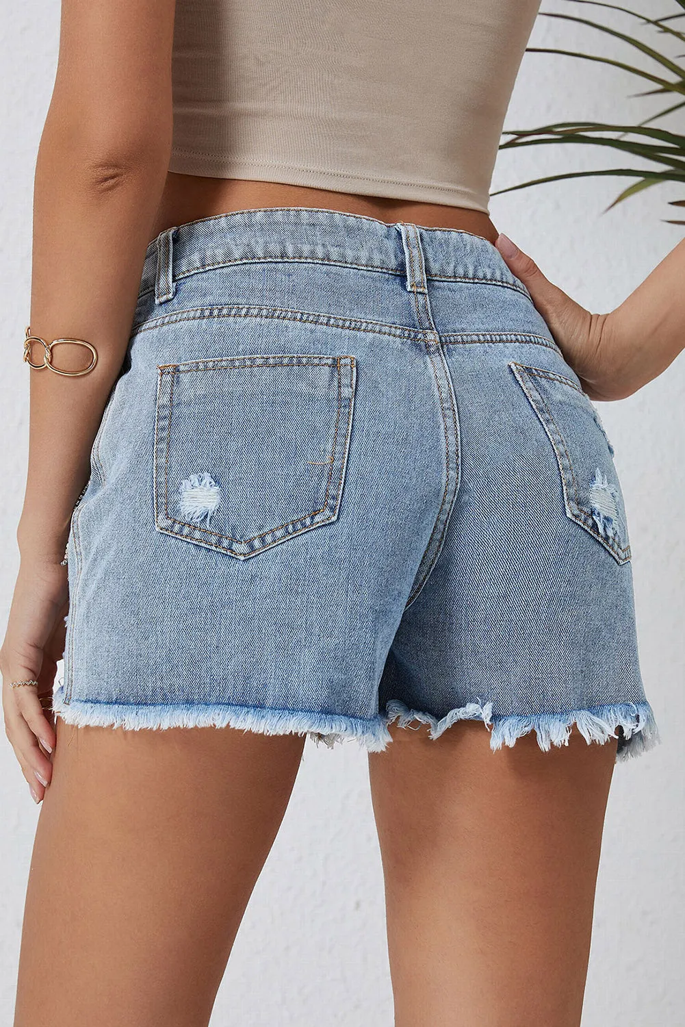 Sky Blue Rhinestone Tassel Distressed Denim Shorts