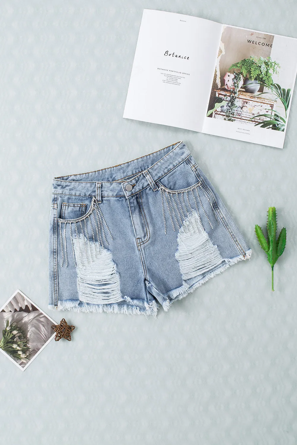Sky Blue Rhinestone Tassel Distressed Denim Shorts