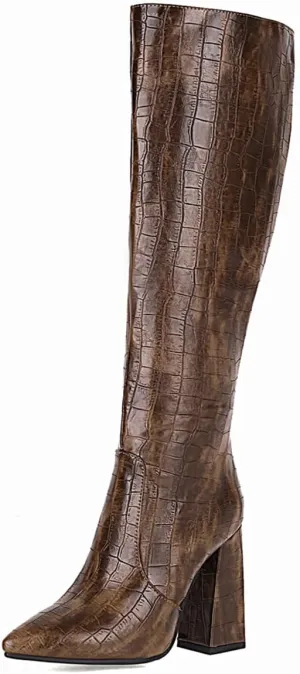 Slouch Knee High Boots for Women Fashion Faux Crocodile Boots