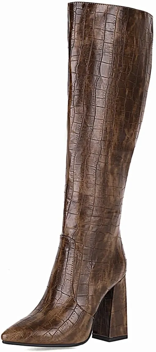 Slouch Knee High Boots for Women Fashion Faux Crocodile Boots