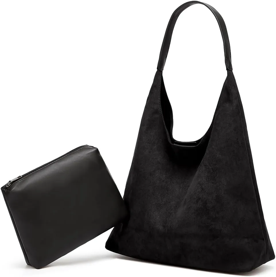 Slouchy Suede Shoulder Bags for Women Large Tote Purse Retro Soft Handbag Casual Work Ladies Top Handle Satchel 2pcs