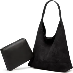 Slouchy Suede Shoulder Bags for Women Large Tote Purse Retro Soft Handbag Casual Work Ladies Top Handle Satchel 2pcs