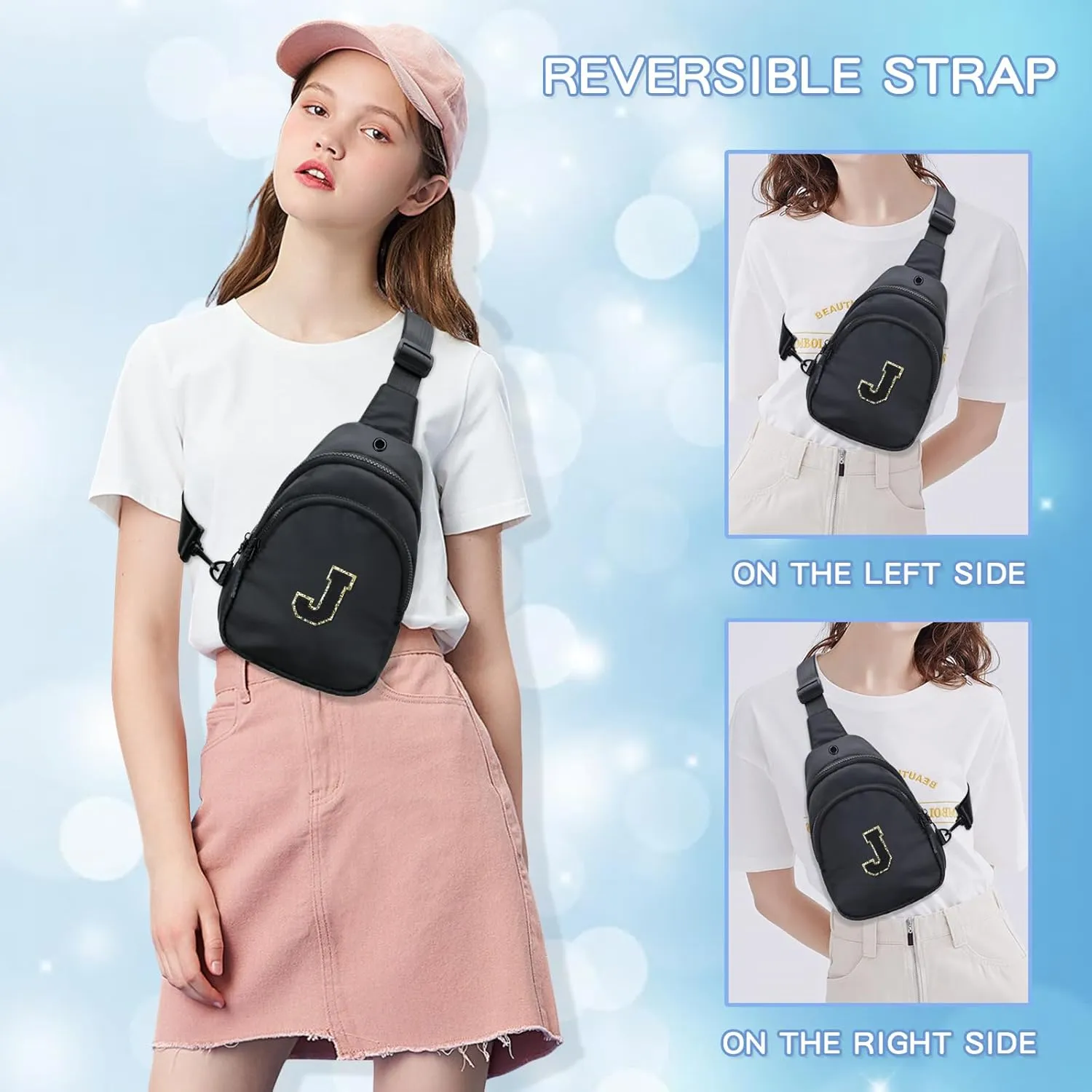Small Initial Crossbody Sling Bag for Girls and Women, Cute Kids Fanny Pack, Personalized Gift for 7 8 9 10 11 12 13 Year Old Girls(Black,J)