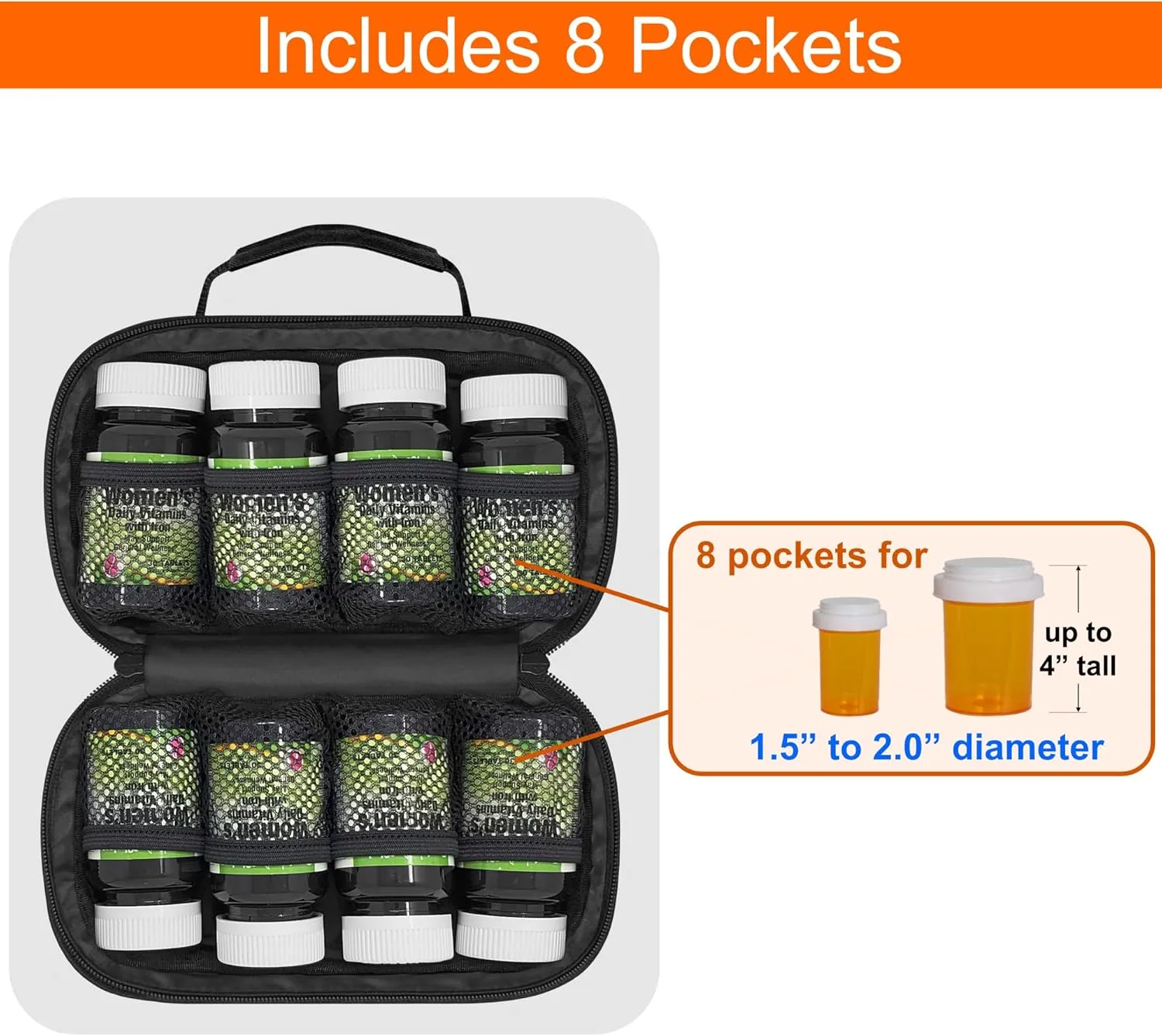 Small Pill Bottle Organizer for Travel, Medicine Bag, Carrier for Prescription Medications - Black