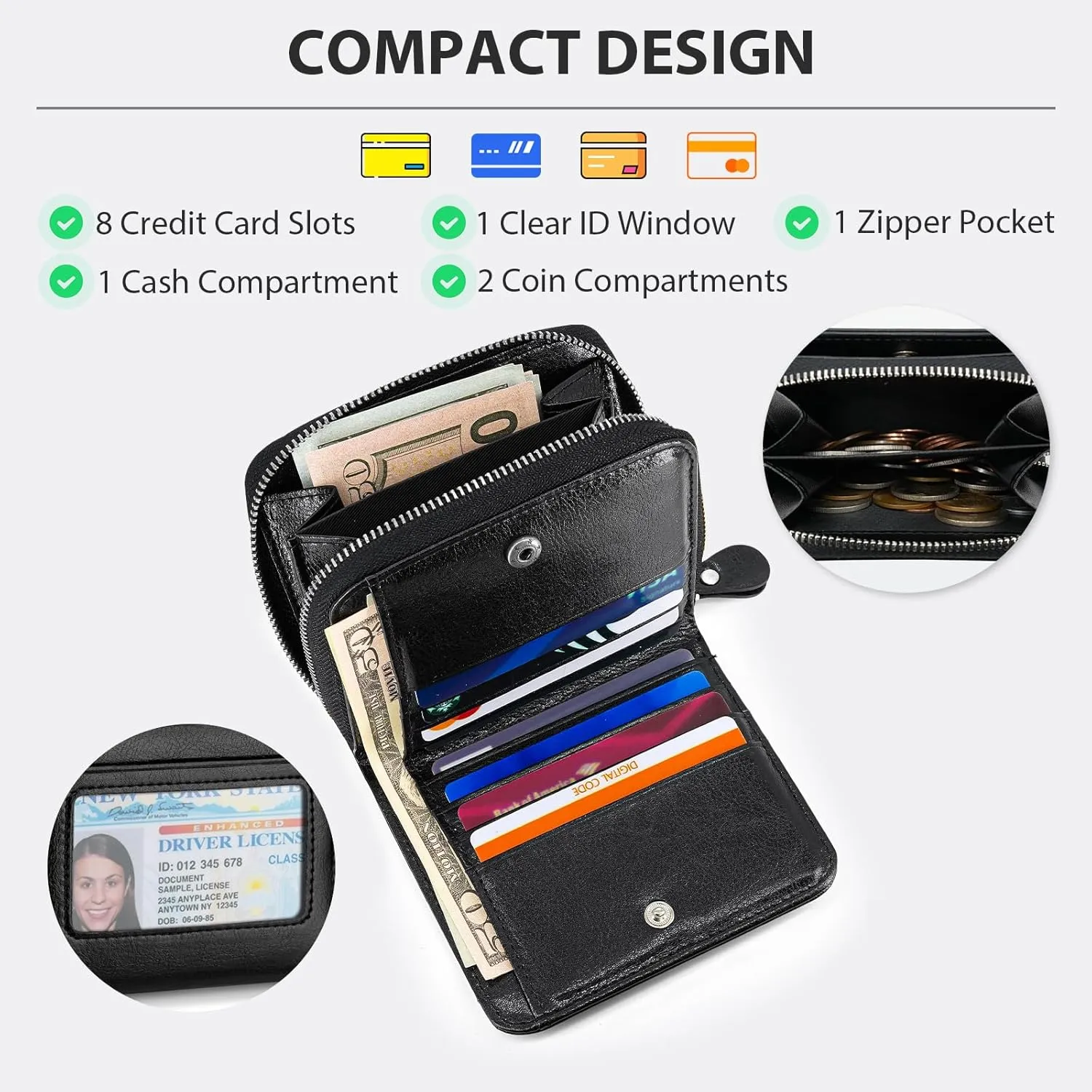 Small Wallet for Women, Genuine Leather RFID Blocking Credit Card Holder Slim Compact Coin Purse Women's Wallets with ID Window 8 Card Slots