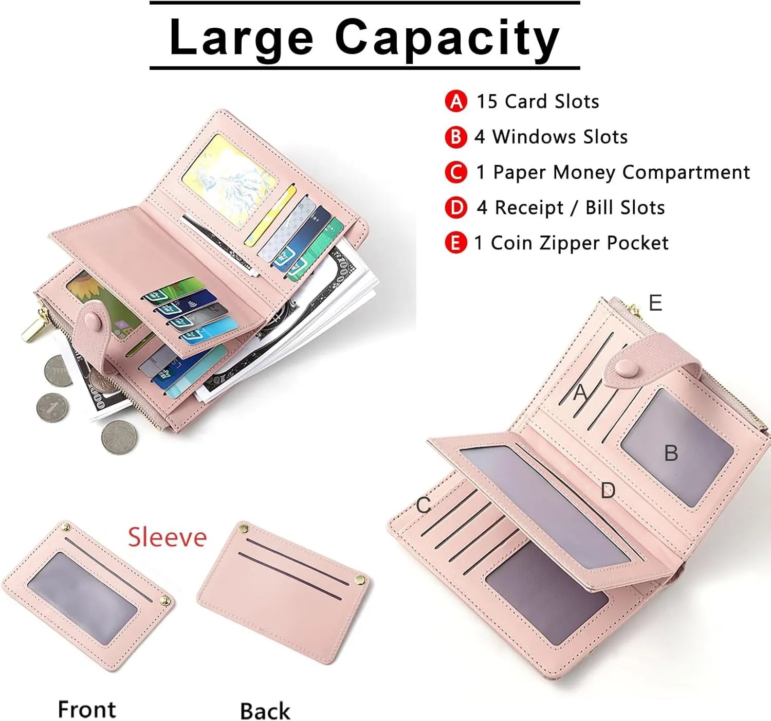 Small Wallets for Women Leather RFID Blocking Bifold Double Zipper Pockets Wallet Card Case Purse with 2 ID Windows