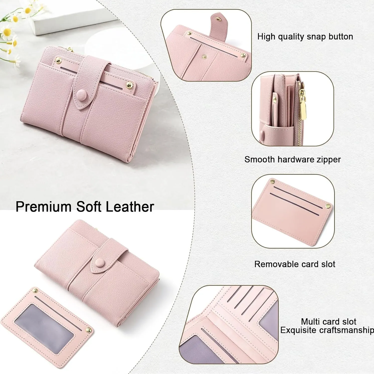 Small Wallets for Women Leather RFID Blocking Bifold Double Zipper Pockets Wallet Card Case Purse with 2 ID Windows