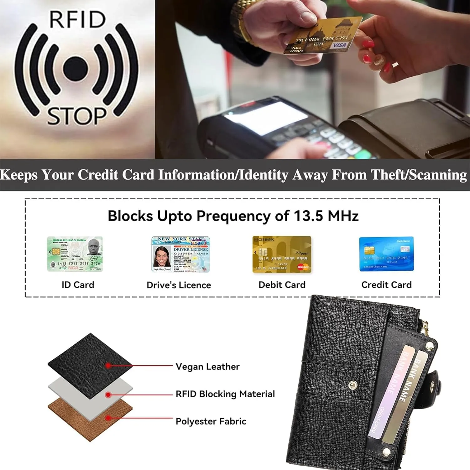 Small Wallets for Women Leather RFID Blocking Bifold Double Zipper Pockets Wallet Card Case Purse with 2 ID Windows