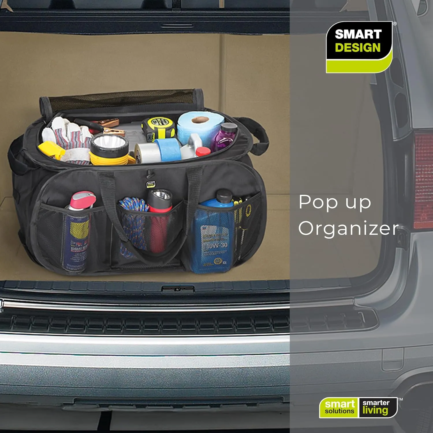 Smart Design Pop Up Trunk Organizer w/ Easy Carry Handles, Side Pockets, & Zipper Top - 23 Inch - Durable Fabric Collapsible Design - Home Organization (Holds 50 lbs.) [Black]
