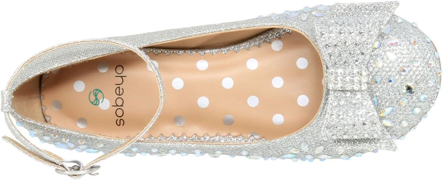 SOBEYO Girl's Dress Shoes Glitter Rhinestone Bow Accent Mary Jane Kids Pumps