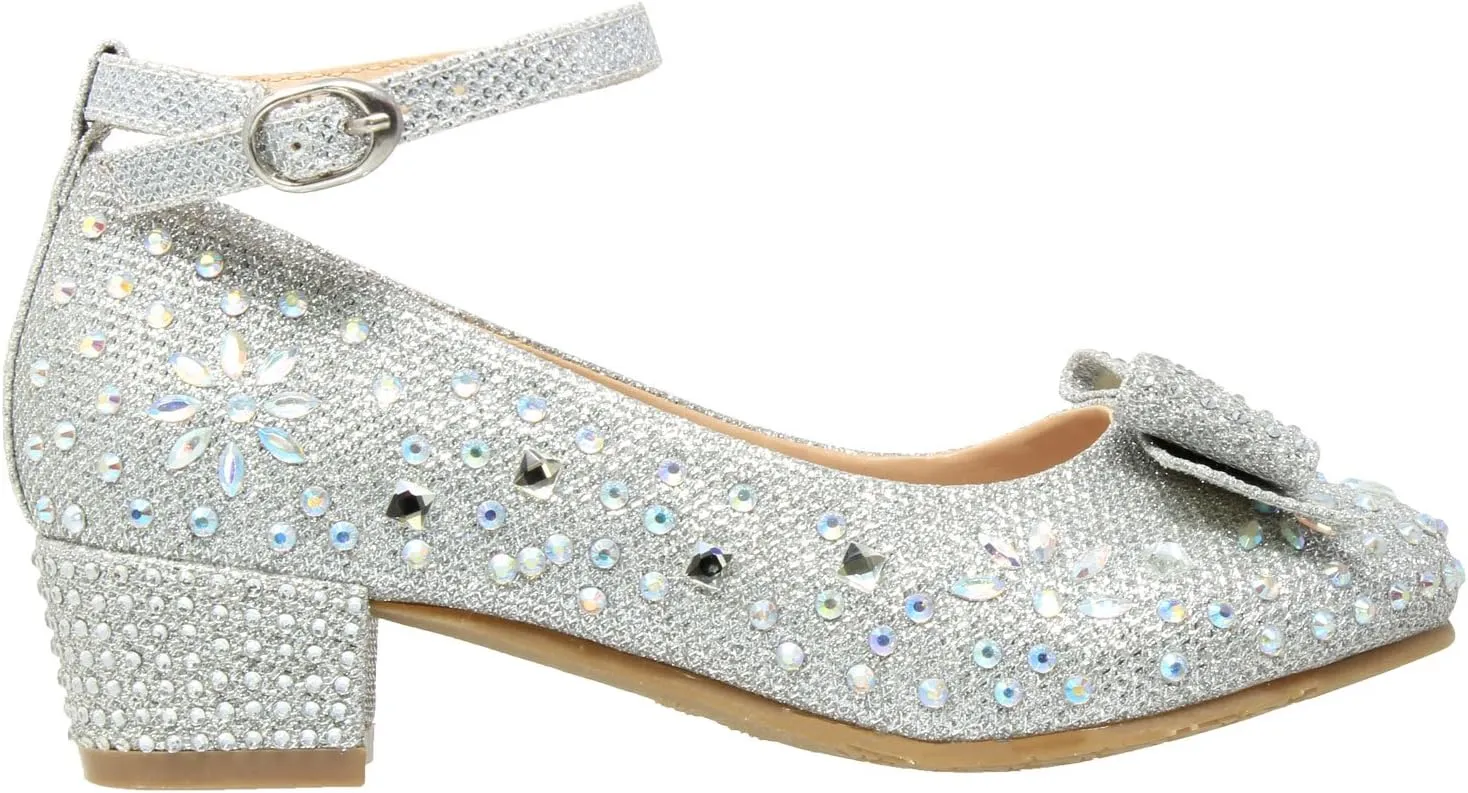 SOBEYO Girl's Dress Shoes Glitter Rhinestone Bow Accent Mary Jane Kids Pumps