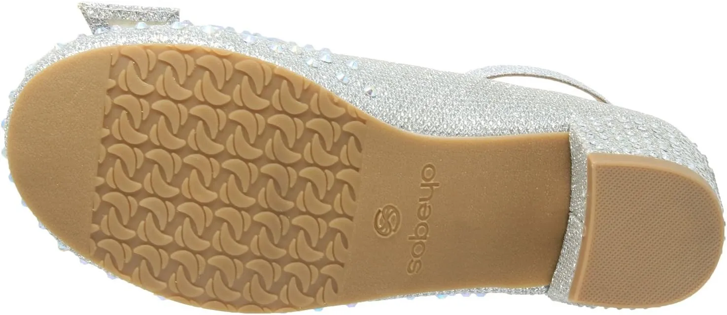 SOBEYO Girl's Dress Shoes Glitter Rhinestone Bow Accent Mary Jane Kids Pumps