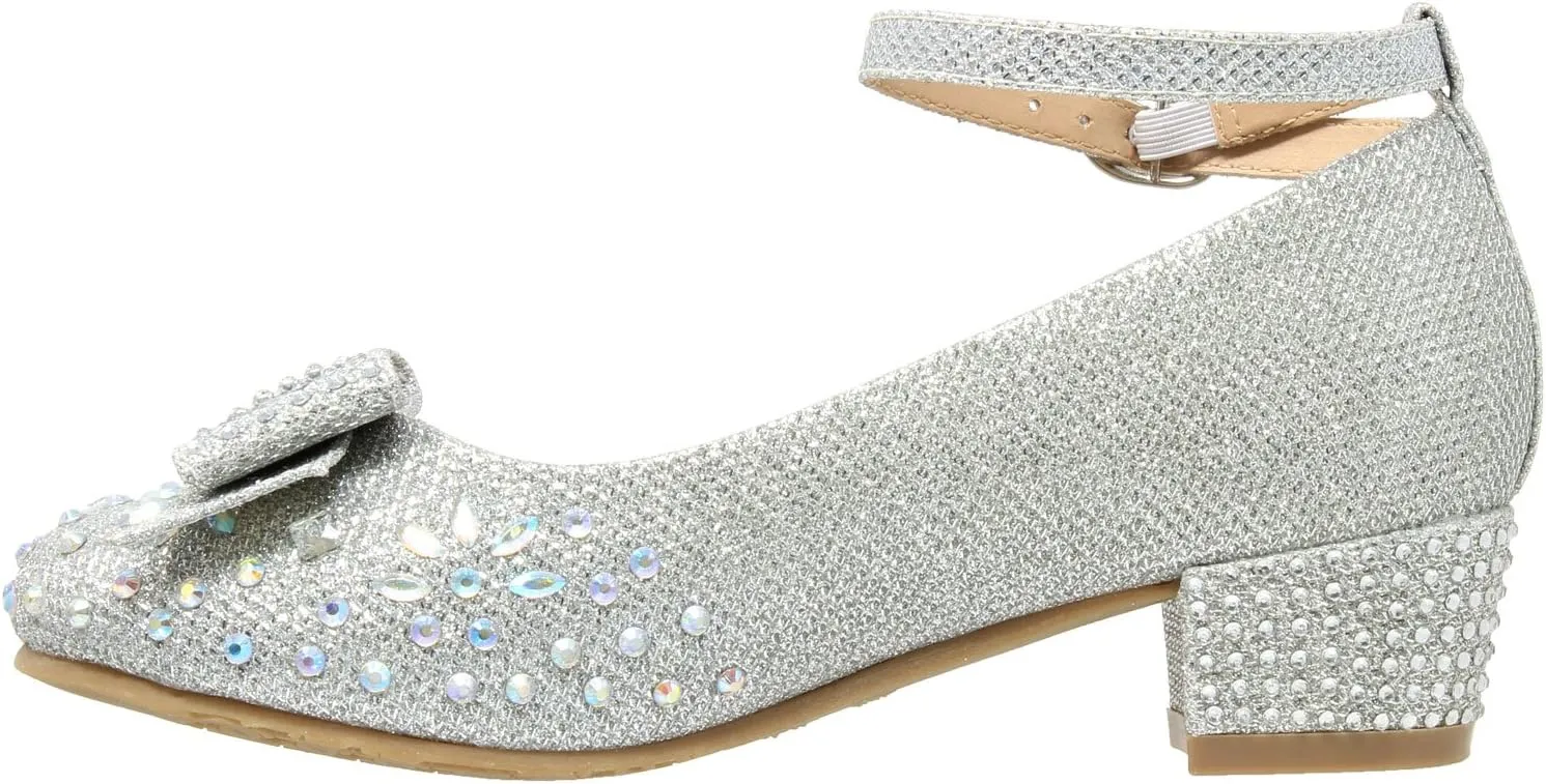 SOBEYO Girl's Dress Shoes Glitter Rhinestone Bow Accent Mary Jane Kids Pumps