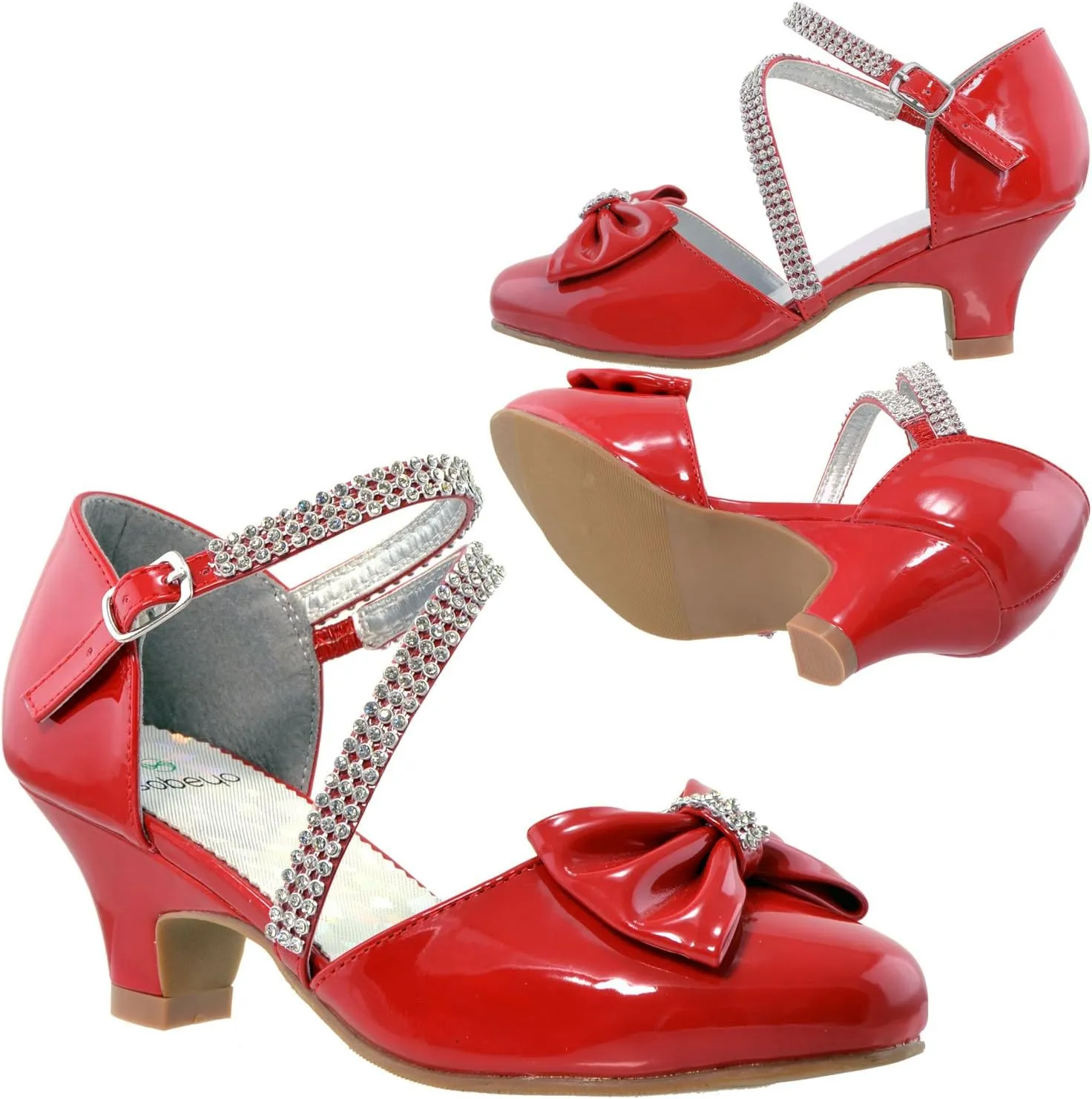 SOBEYO Girls Dress Shoes Rhinestone Bow Accent Kitten Low Heel Sandals