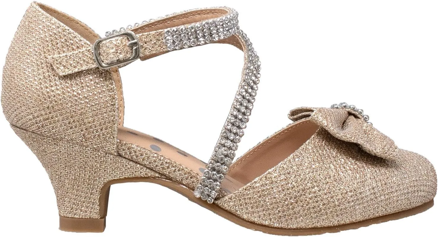 SOBEYO Girls Dress Shoes Rhinestone Bow Accent Kitten Low Heel Sandals