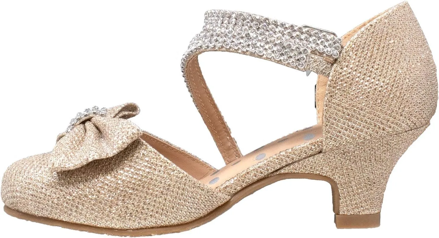 SOBEYO Girls Dress Shoes Rhinestone Bow Accent Kitten Low Heel Sandals