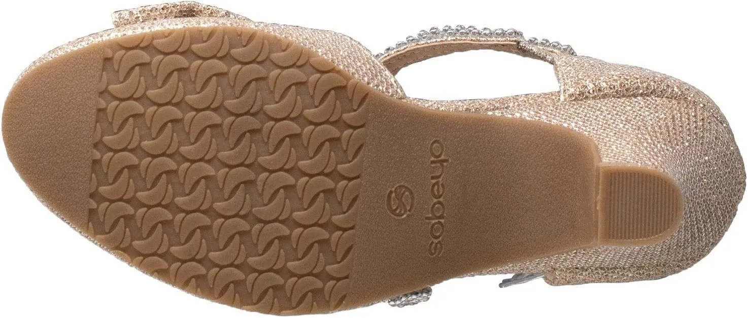 SOBEYO Girls Dress Shoes Rhinestone Bow Accent Kitten Low Heel Sandals