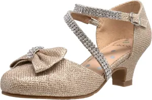 SOBEYO Girls Dress Shoes Rhinestone Bow Accent Kitten Low Heel Sandals