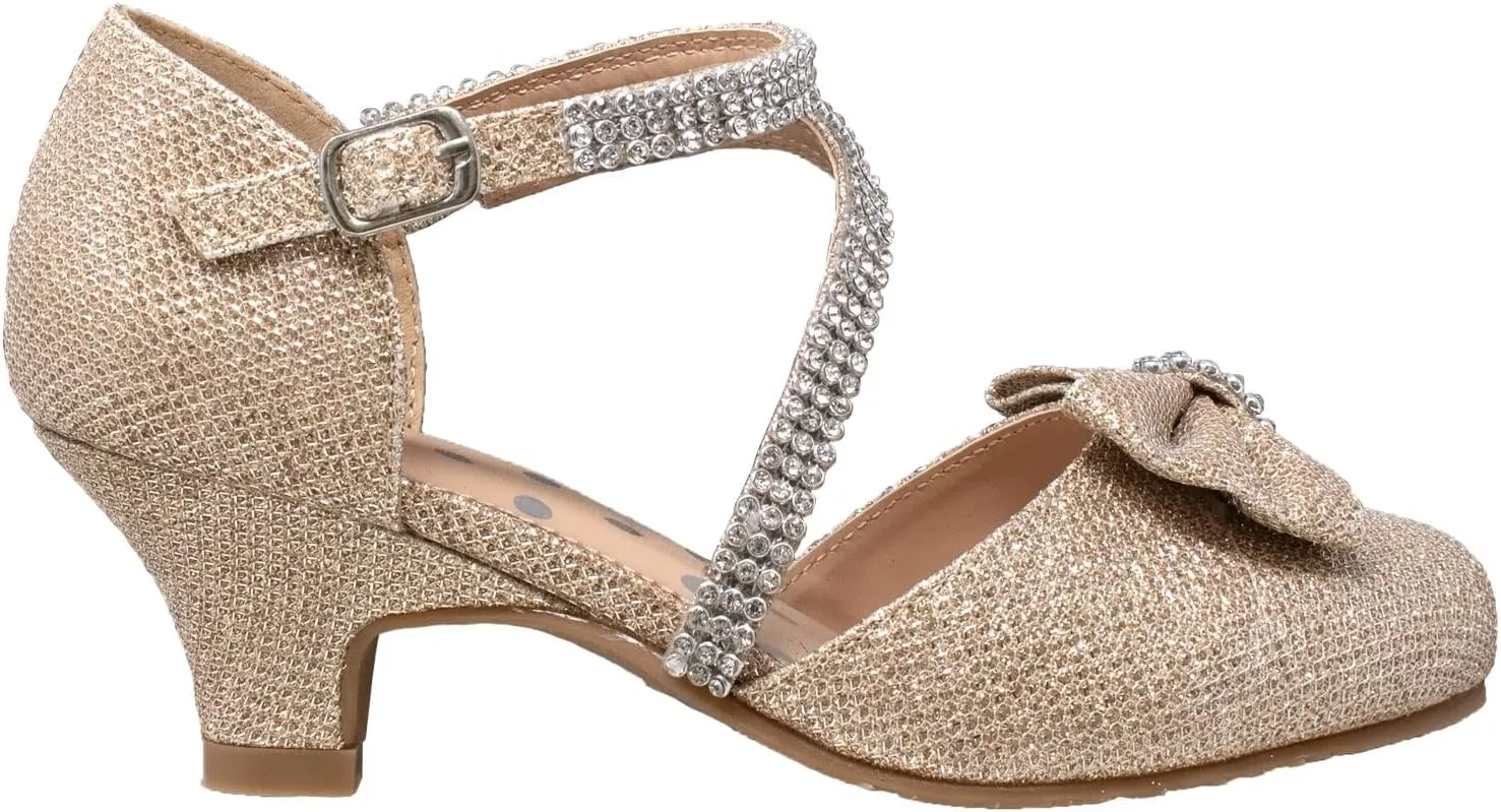 SOBEYO Girls Dress Shoes Rhinestone Bow Accent Kitten Low Heel Sandals