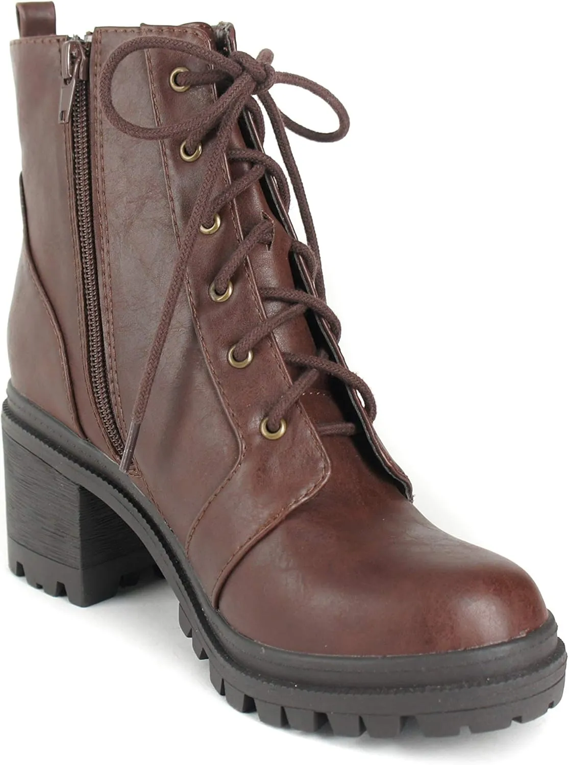 Soda Malia Boots Women's Brown Low Faux Leather Chunky Heel Ankle Booties