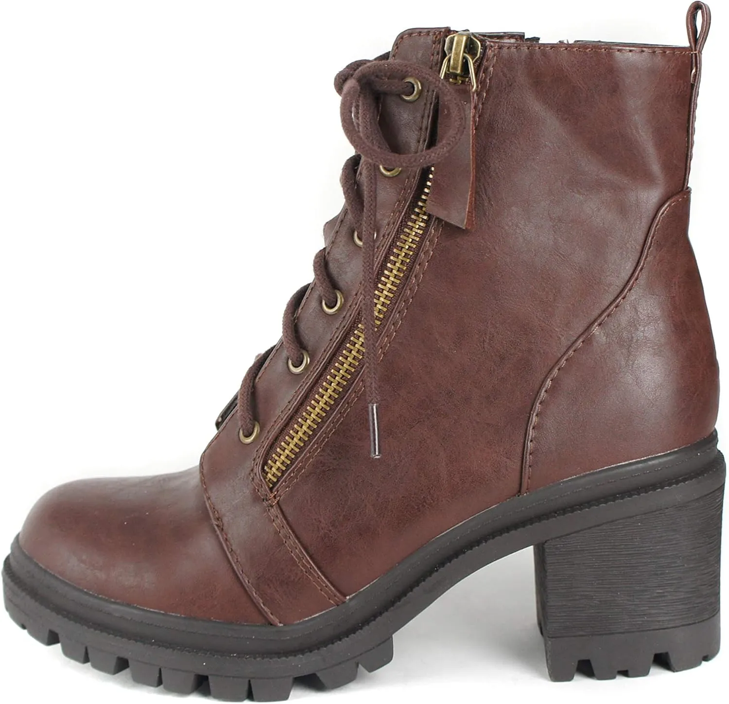 Soda Malia Boots Women's Brown Low Faux Leather Chunky Heel Ankle Booties