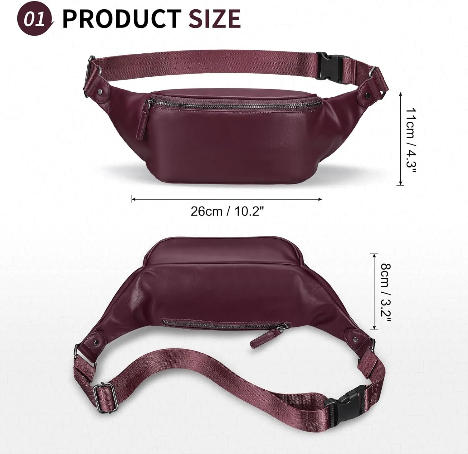 Soft Leather Fanny Pack for Women & Men, Crossbody Waist Pack with Adjustable Strap, Large Pocket, Sturdy Zippers, for Travel, Hiking, Running, Purple